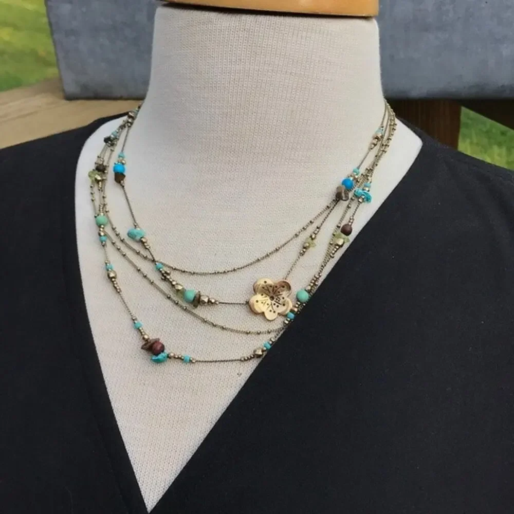 Bohm Layered gold tone flower semi-precious stone chip necklace